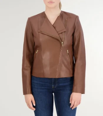 Discount Cole Haan Women's Asymmetrical Leather Jacket HickoryBrown