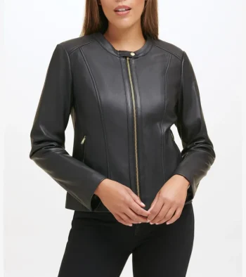 New Cole Haan Women's Collarless Leather Jacket Black