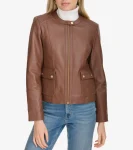 New Cole Haan Women's Curved-Seam Leather Jacket Hickory