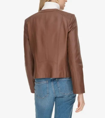 New Cole Haan Women's Curved-Seam Leather Jacket Hickory