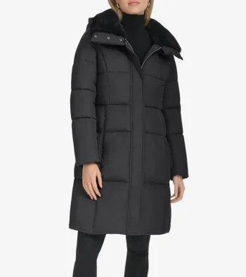 New Cole Haan Women's Faux-Fur Collar Puffer Coat Black