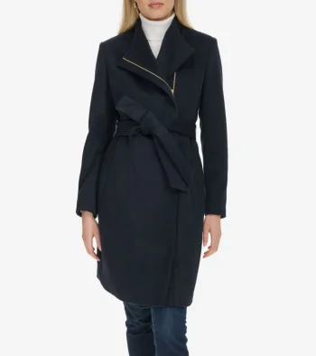 Fashion Cole Haan Women's Moulded Collar Wool Belted Coat Navy